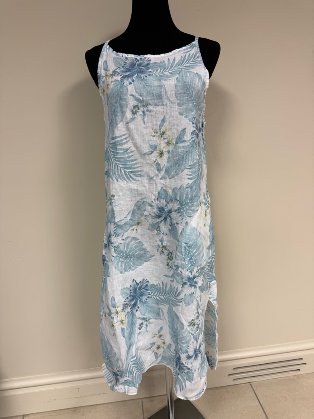 LUNGO L’Arno 100 % linen Light Blue Floral Midi Slip Dress - NEW WITH TAGS ITALY